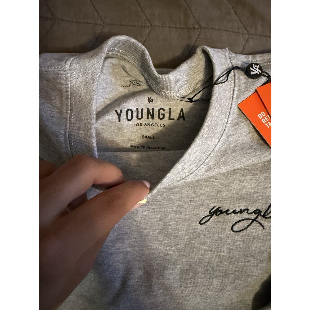 YoungLA Gray Long Sleeve Logo T-Shirt Men's S Crew Neck Solid Regular Fit - Picture 3 of 5